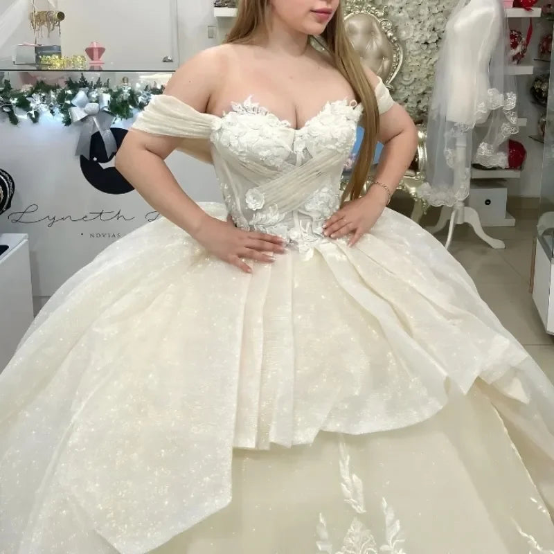 Princely Ivory Sweetheart Robe De Quinceanera Glitter Ruffles Lace-Up Off The Shoulder Applique Lace Ball Gown Customized