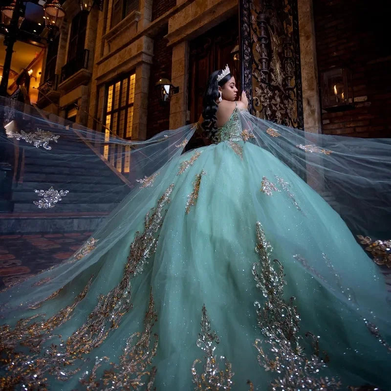 Mint Green Ball Gown Gold Applique Off The Shoulder Quinceanera Dresses With Cape Sweet 16 Vestidos De 15 Anos customized