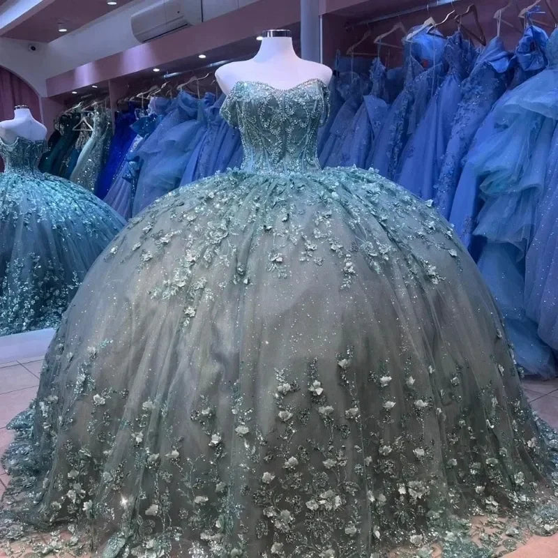 Green Sweetheart Vestidos De 15 Quinceañera Floral Sequin Princess Off Shoulder Ball Gown Vestidos De 15 Anos Customized
