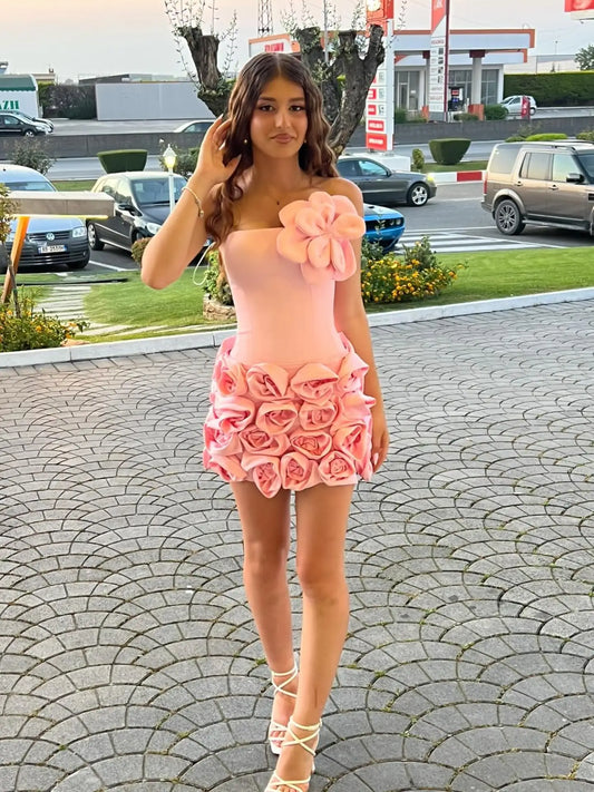 Chic Pink Rose Flowers Mini Dress Handmade 3D Floral Prom Party Dresses Hot Sale Wedding Guest Gown Birthday Party Night Dress
