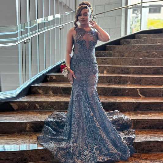 Sparkly Long Mermaid Prom Dress Customized Beads Crystal Rhinestones Party Dress Birthday Wedding Reception Robe De Bal