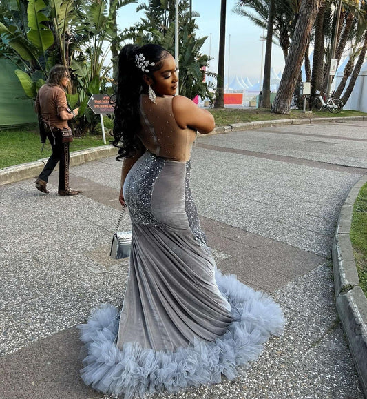 Sparkly Sivler Sequins Mermaid Prom Dress For Black Girls Crystal Ruffle Bead Evening Party Gown