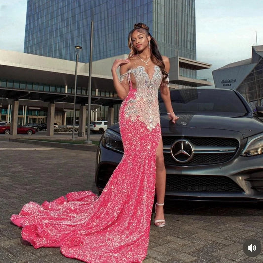 Slit Pink African American Long Prom Dresses For Black Girls Mermaid Sequins Crystals Women Party Evening Gown Customized