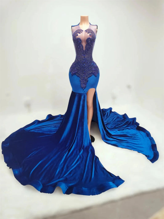 Royal Blue Long Prom Dresses For Black Girls Mermaid Sheer Crystals American African Evening Gown Birthday Party Robe Customized