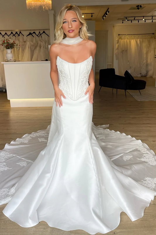 Satin Corset Lace Appliqued Wedding Dresses Mermaid Plus Size Wedding Gowns for Bride