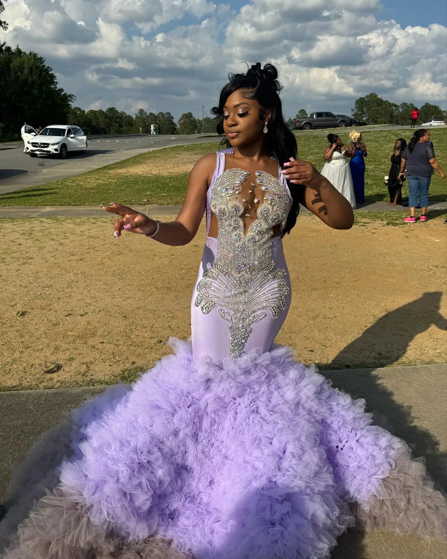 Luxury Crystals Beaded Mermaid Prom Dress Tulle Ruffles Skirt Evening Party Gown For Black Girls Long Birthday Robe De Soiree