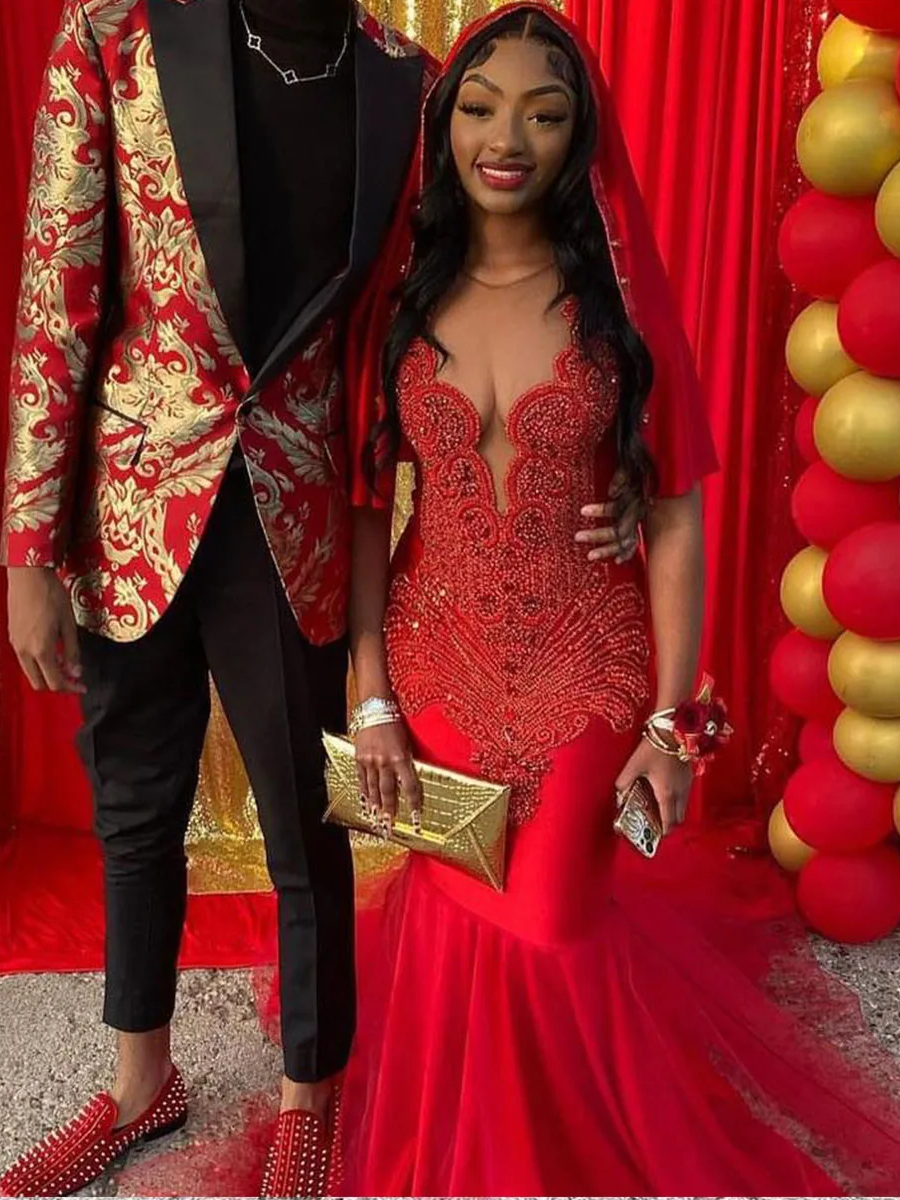 Luxury Red Sequin Mermaid Prom Dresses Beaded Crystals Black Girl Evening Gowns Ruffles Formal Party Dress