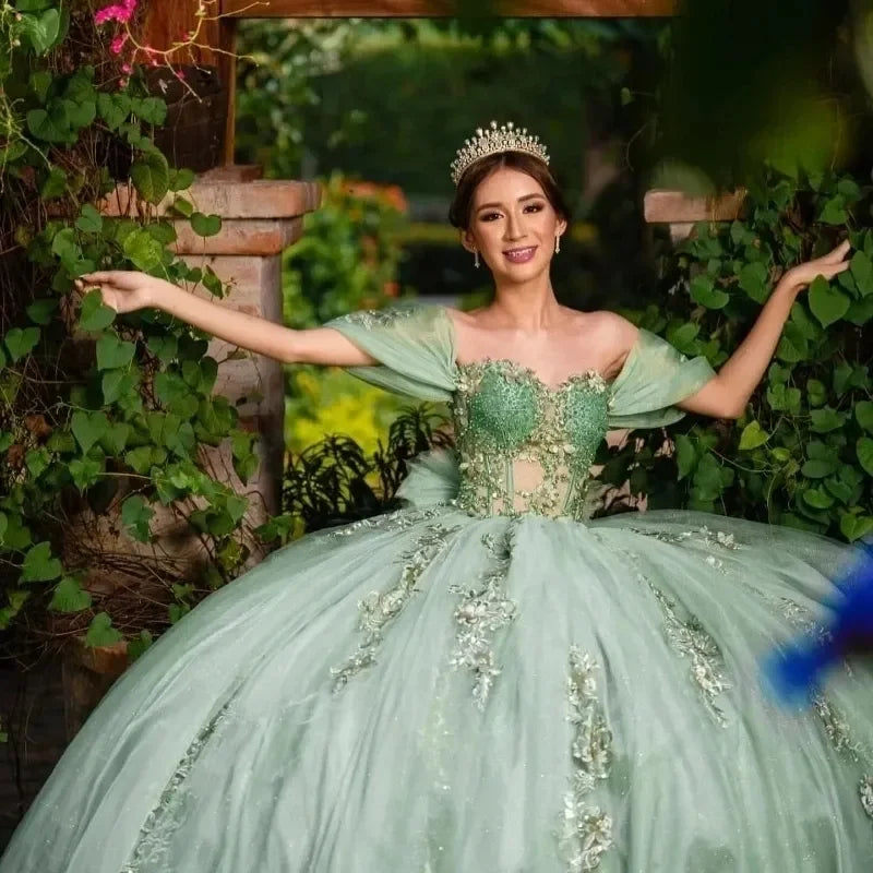 Mint Green Sweetheart Robe De Quinceanera Applique Lace Beads Tull Off the Shoulder Vestidos De 15 Anos Customized