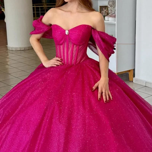 Pretty Rose Red Quinceanera Dresses Off The Shoulder Tull Party Birthday Corset Ball Gown Sweet Vestidos 15 De Anos customized