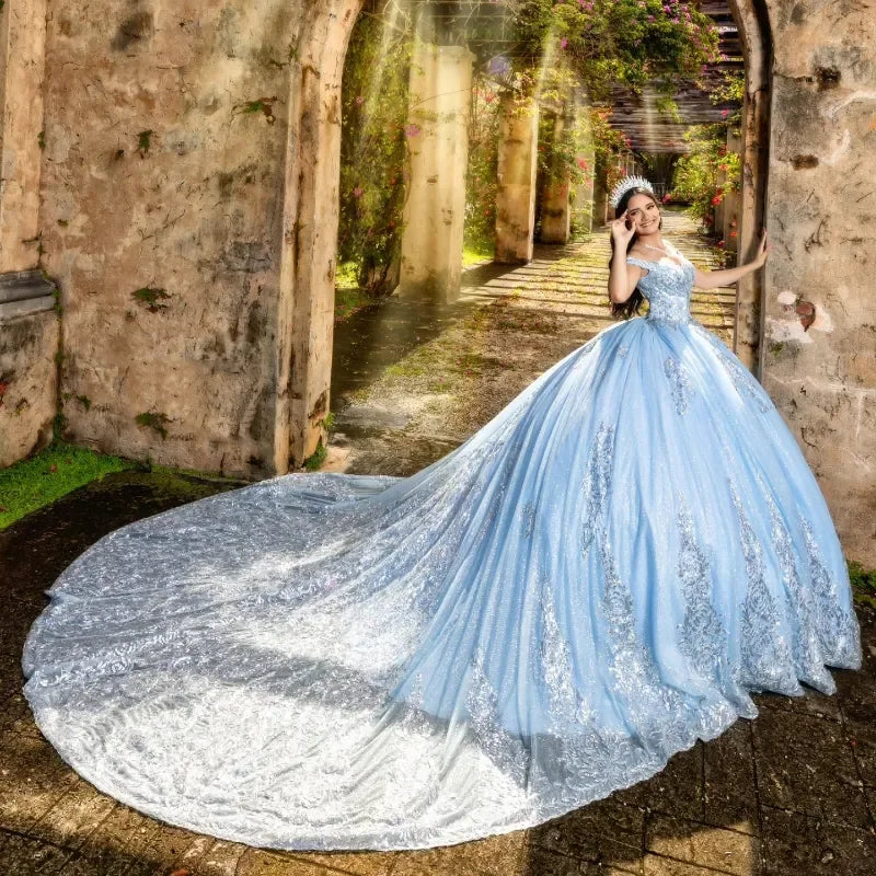 Sky Blue Princess Vestidos De 15 Quinceañera Shinning Beads Appliques Off Shoulder Ball Gown Vestido De Princesas Customized