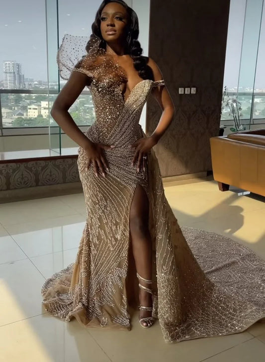 Elegant Sequin Evening Dresses African Girls High Split V-Neck Crystal Beaded Long Mermaid Prom Gowns robes de soirée Customized