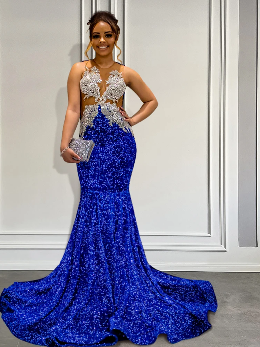 Luxury Sequins Sleeveless Blue Long Prom Dress for Black Girls Sparkly Crystal Diamonds Women Birthday Party Gowns Customized
