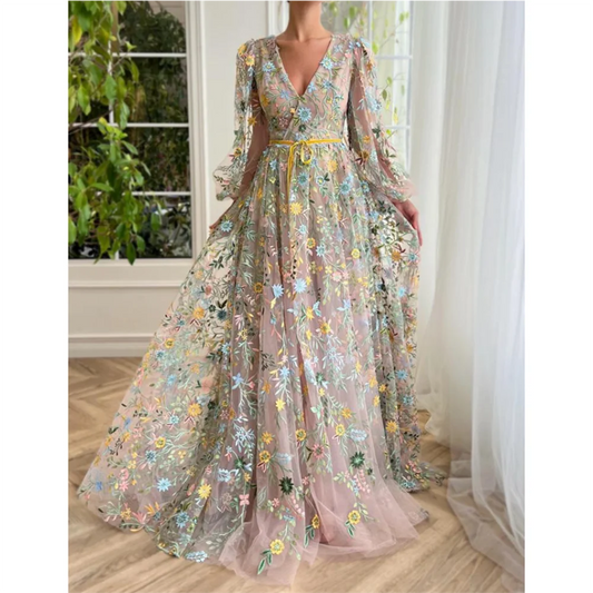 Fancy Flower Women Vestidos De Noche Elegant Puffy Sleeves A-line فساتين السهرة Sweet V-neck Long Sleeves Prom Dress
