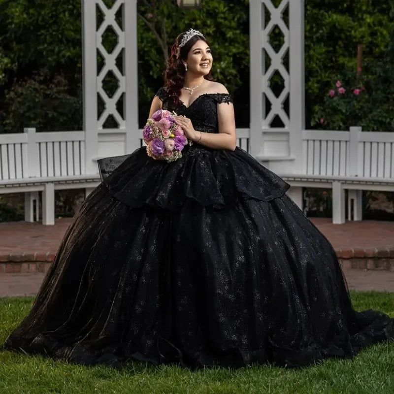 Luxury Black Ball Gown Lace Appliqued Lace Beading Crystal Off The Shoulder Quinceanera Dresses Vestidos De 15 Anos Customized