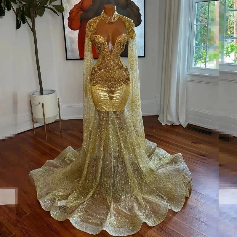 Customized Gold Prom Dresses For Black Girl 2025 Women Luxury Rhinestone Party Gown Sequin Evening Dress vestidos de graduación