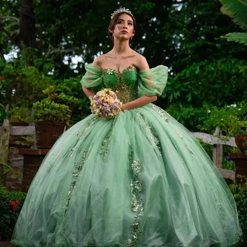 Mint Green Sweetheart Robe De Quinceanera Applique Lace Beads Tull Off the Shoulder Vestidos De 15 Anos Customized
