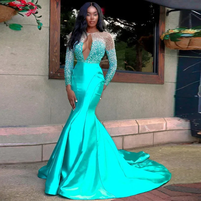 Africa Turquoise Mermaid Prom Dresses Sexy Chest Hollow Backless Long Sleeves Evening Gown Crystal Beads Formal Party Dress