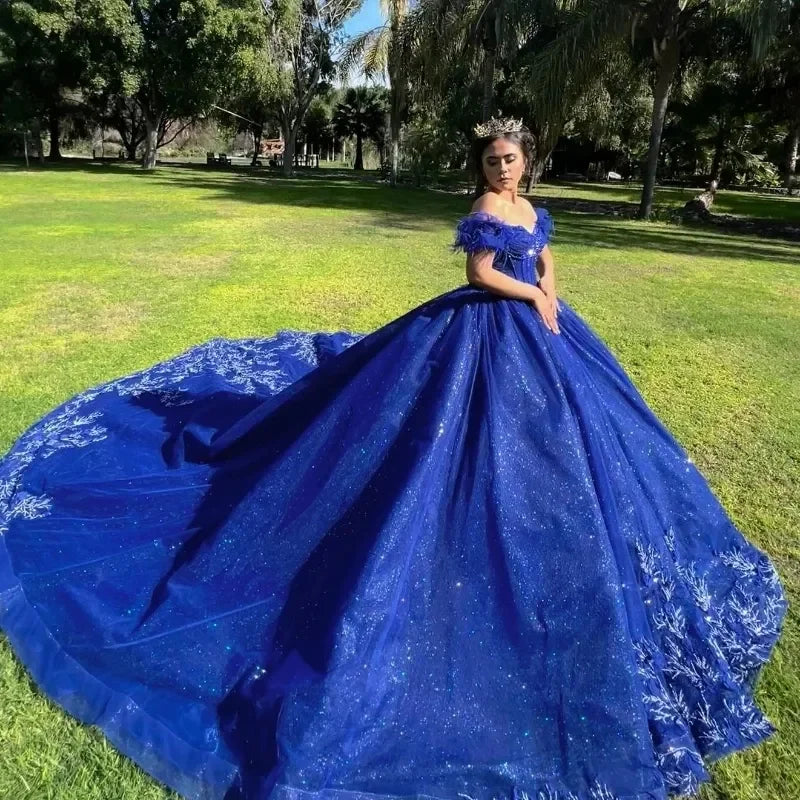Sparkly Royal Blue Vestidos De 15 Quinceañera Sequined Appliques Off The Shoulder Ball Gown Tull Vestidos De 15 Anos Customized
