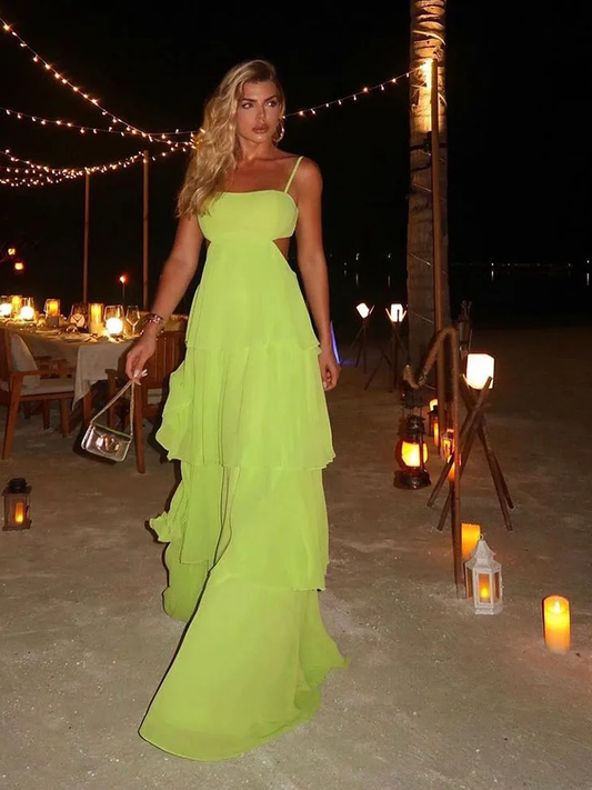 Green Prom Dress Spaghetti strap Gala Guest Night Dinner Dress Female Tiered Chiffon Sexy Backless Evening Party Dress