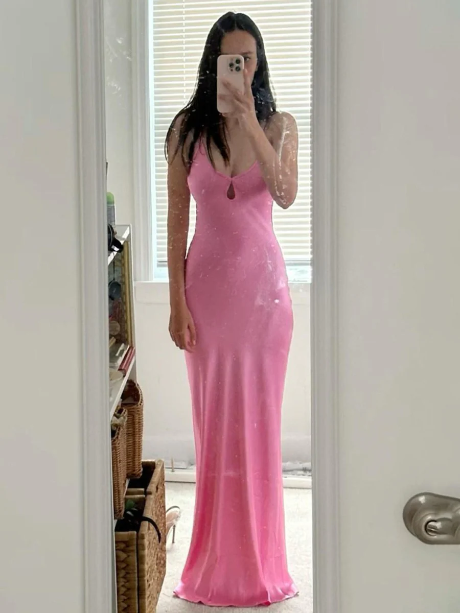 Scoop Neck Pink Sheath Satin Long Prom Dress