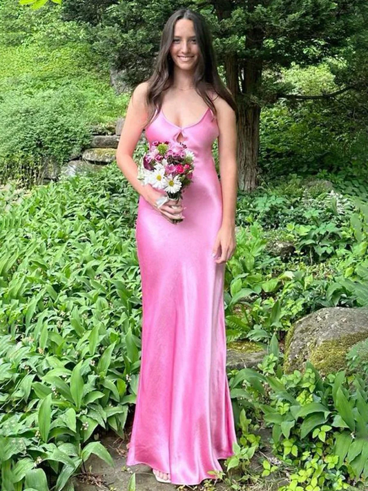 Scoop Neck Pink Sheath Satin Long Prom Dress