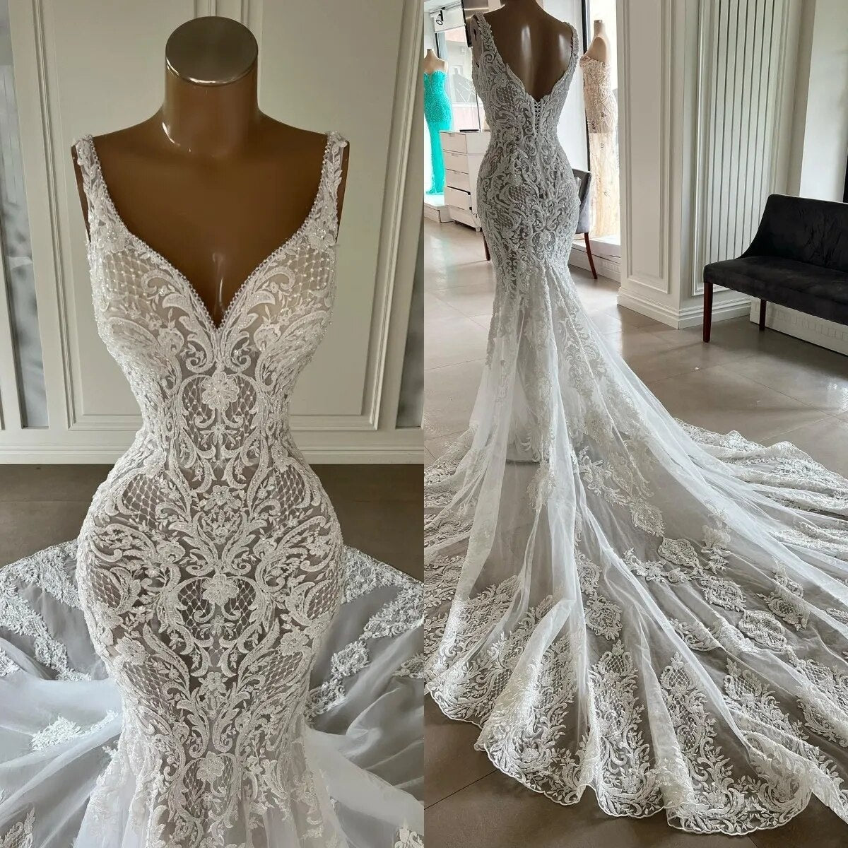 Elegant Lace Mermaid Wedding Dresses V Neck Lace Appliqued Boho Country Bridal Party Gowns
