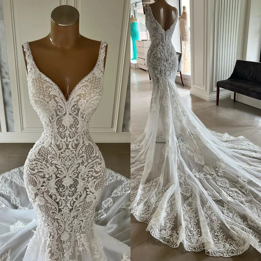 Elegant Lace Mermaid Wedding Dresses V Neck Lace Appliqued Boho Country Bridal Party Gowns