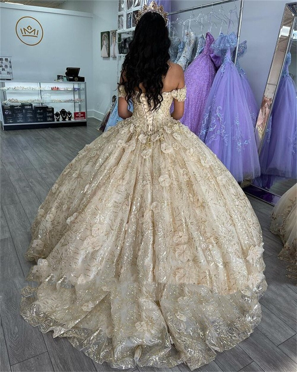 Charming Champagne Princess Ball Gown Quinceanera Dress Off Shoulder Appliques Beads Sweet Sequins Dress