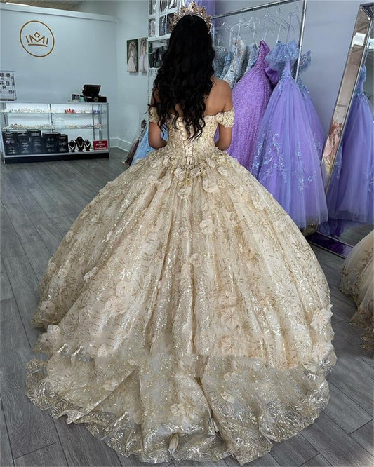 Charming Champagne Princess Ball Gown Quinceanera Dress Off Shoulder Appliques Beads Sweet Sequins Dress