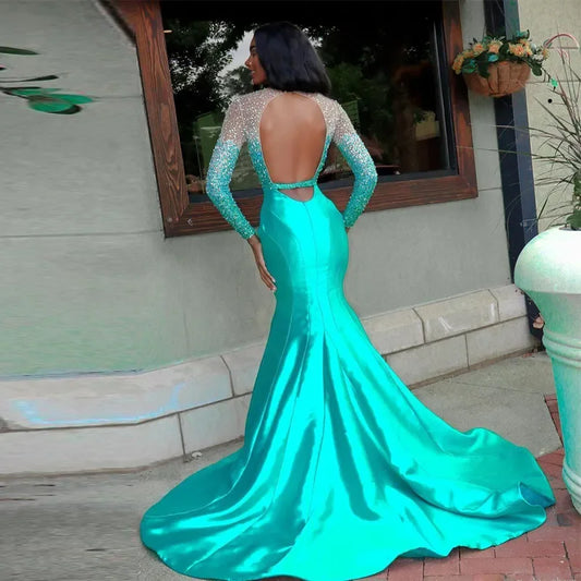 Africa Turquoise Mermaid Prom Dresses Sexy Chest Hollow Backless Long Sleeves Evening Gown Crystal Beads Formal Party Dress