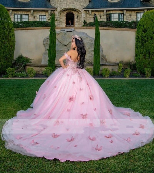 Lilac Princess Ball Gown Quinceanera Dresses Off Shoulder Butterfly Appliques Crystal