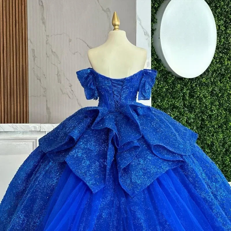 Mexican Royal Blue Vestidos De 15 Quinceañera Sequined Ruffles Lace-Up Backless Ball Gown Tull Vestido De Princesas Customized
