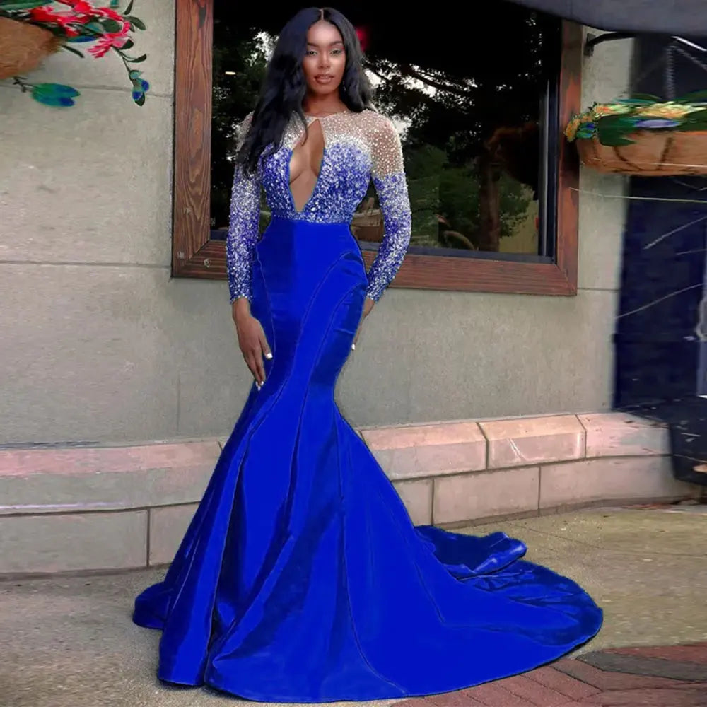 Africa Turquoise Mermaid Prom Dresses Sexy Chest Hollow Backless Long Sleeves Evening Gown Crystal Beads Formal Party Dress