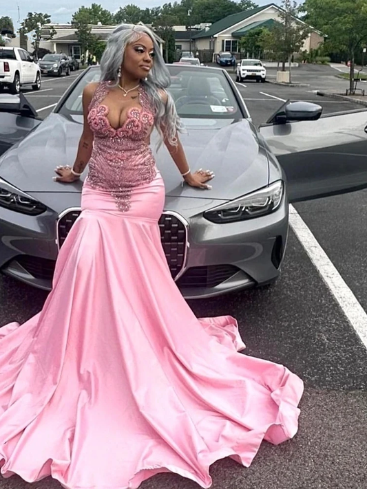 Luxury Glitter Pink Mermaid Prom Dress For Black Girls Silver Crystal Diamond Beaded Birthday Patry Gown