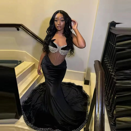 Chic Strapless Black Velvet Evening Dresses Free Shipping Luxury Mermaid Dress See Through Women Clothing Sleeveless Gowns