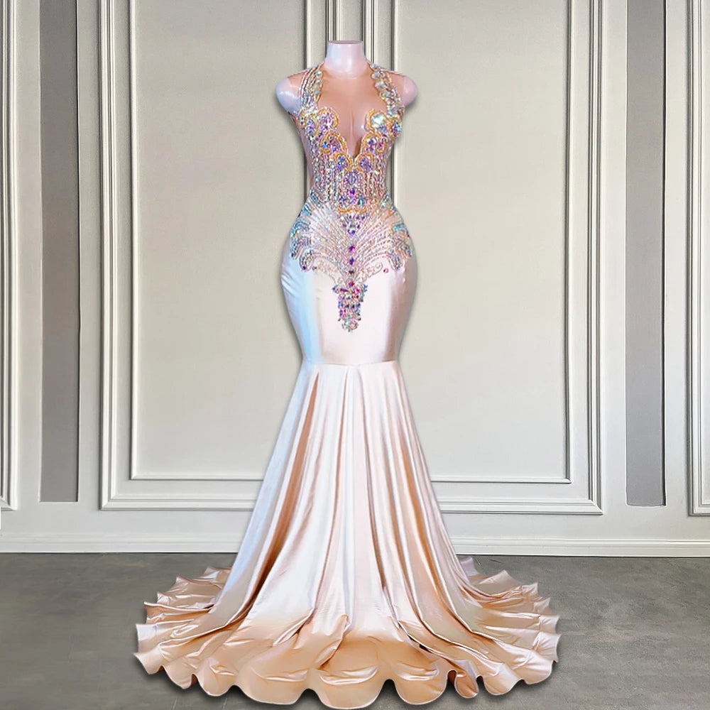 Champagne Long Mermaid Prom Dresses For Black Girls Iridescent Rhinestones Crystals Birthday Luxury Gowns Women Customized