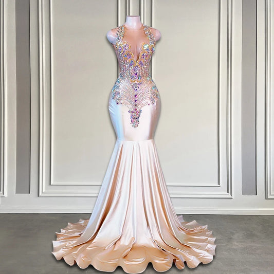 Champagne Long Mermaid Prom Dresses For Black Girls Iridescent Rhinestones Crystals Birthday Luxury Gowns Women Customized