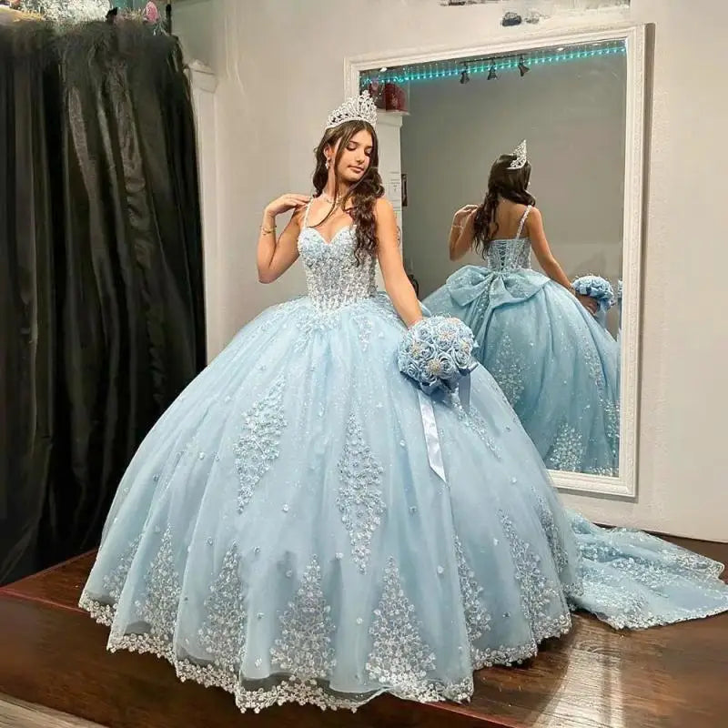 Light Blue 3D Floral Lace Bow Quinceanera Dresses Ball Gown Illusion Spaghetti Strap Corset Vestidos De XV Anos Customized