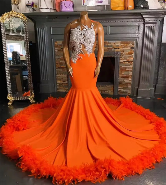 Orange O Neck Crystal Beading Long Mermaid Prom Dresses With Feathers Train 2025 Luxury Mesh Formal Birthday Gowns Customized