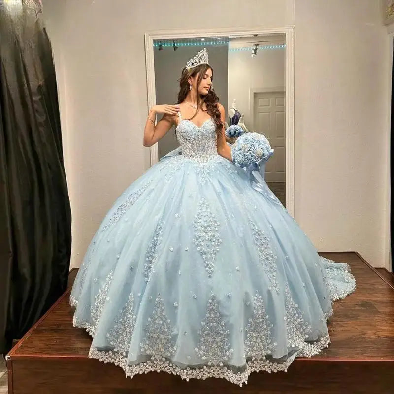 Light Blue 3D Floral Lace Bow Quinceanera Dresses Ball Gown Illusion Spaghetti Strap Corset Vestidos De XV Anos Customized