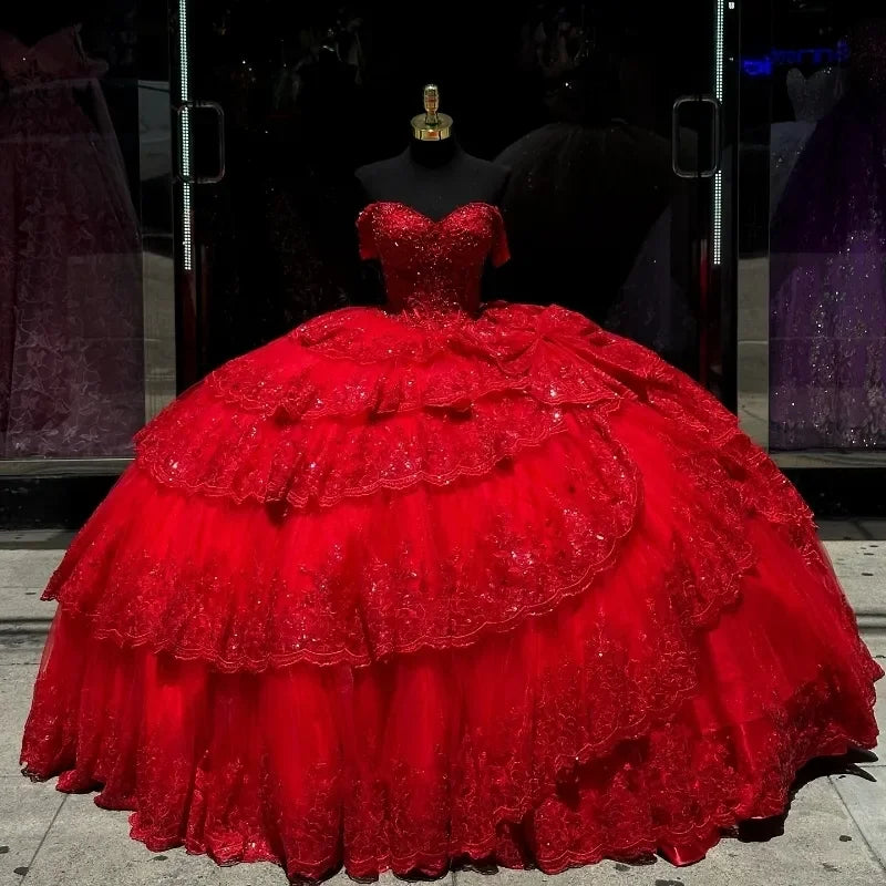 Luxury Red Vestidos De 15 Quinceañera Sweetheart Off The Shoulder Beads Crystal Appliques Lace Tull Sweet Customized Prom Gowns