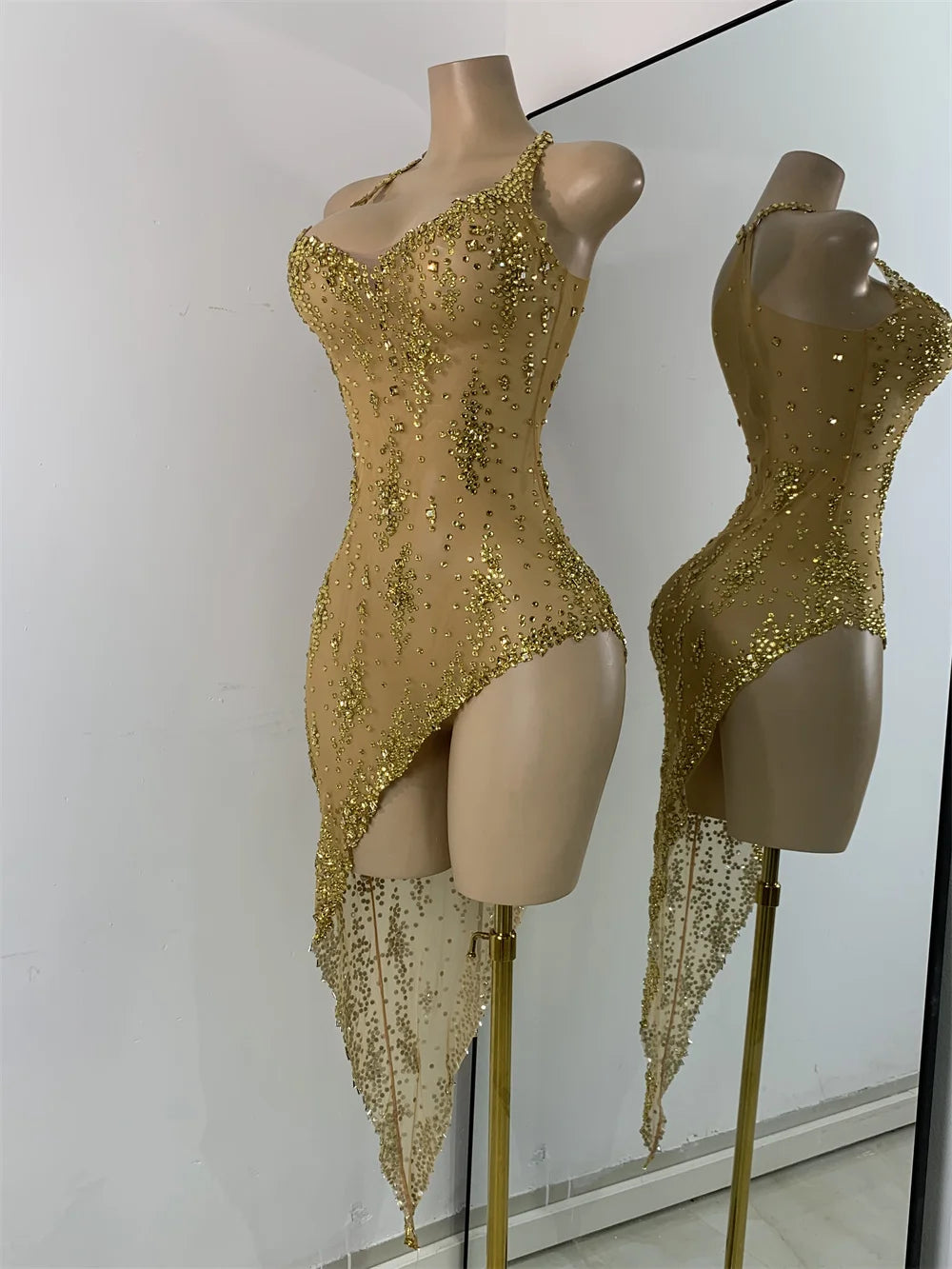 Sparkly Gold Design Evening Party Dress Luxury Rhinestones See Through Sexy Women's Clothing Mesh Stretch Birthday Dresses