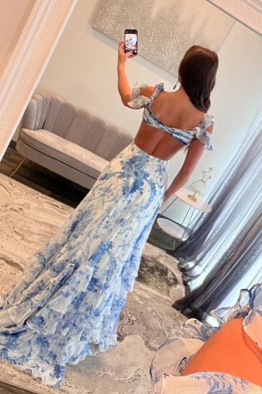 Sexy A-Line V Neck Cap Sleeves Pleated Ruffles Floral Tiered Prom Party Dress High Side Slit and Train Open Back Cocktail Dress Formal Evening Gown