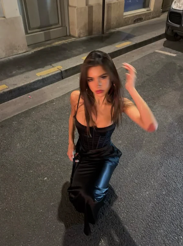 Sexy Black Mermaid Spaghetti Strap Corset Simple Satin Long Prom Dress