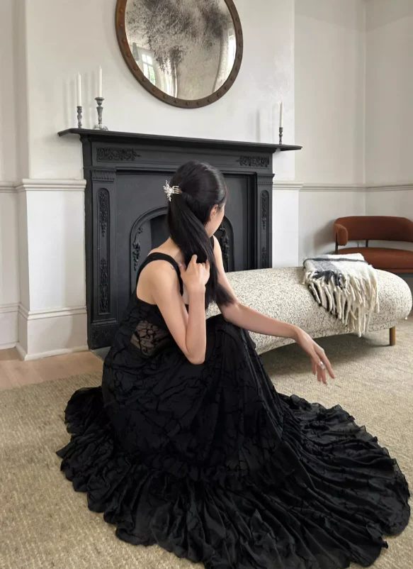 Sexy Black Sheath Straps Lace Chiffon Long Prom Dress Evening Dress