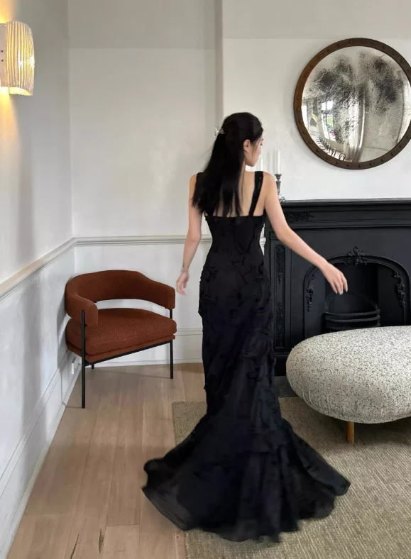 Sexy Black Sheath Straps Lace Chiffon Long Prom Dress Evening Dress