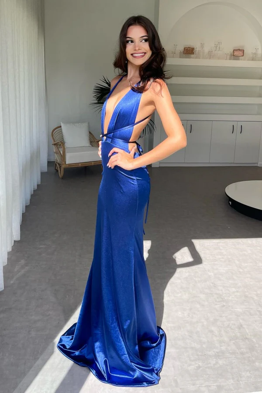 Sexy Mermaid Low V Neck Halter Sleeveless Pleated Open Back Floor Length Prom Party Dress Formal Evening Dress Cocktail Dress