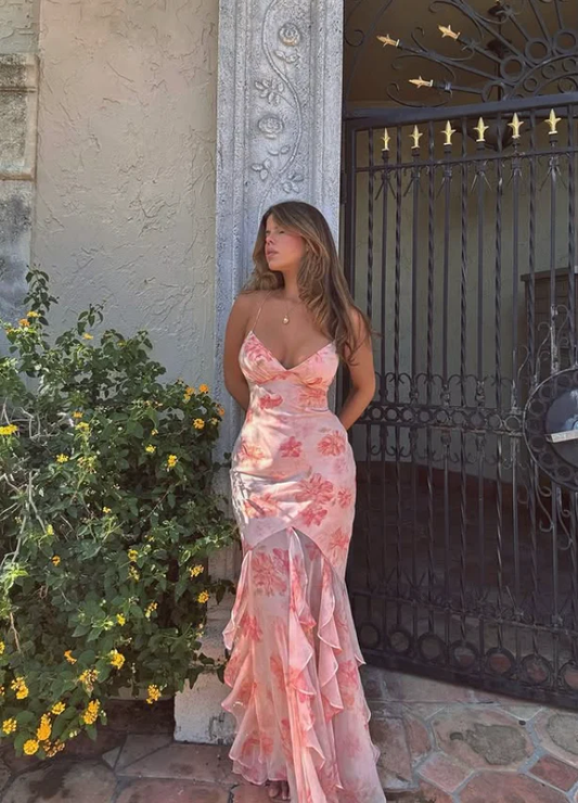 Sexy Pink Mermaid Spaghetti Strap Print Floral Chiffon Prom Dress Party Dress