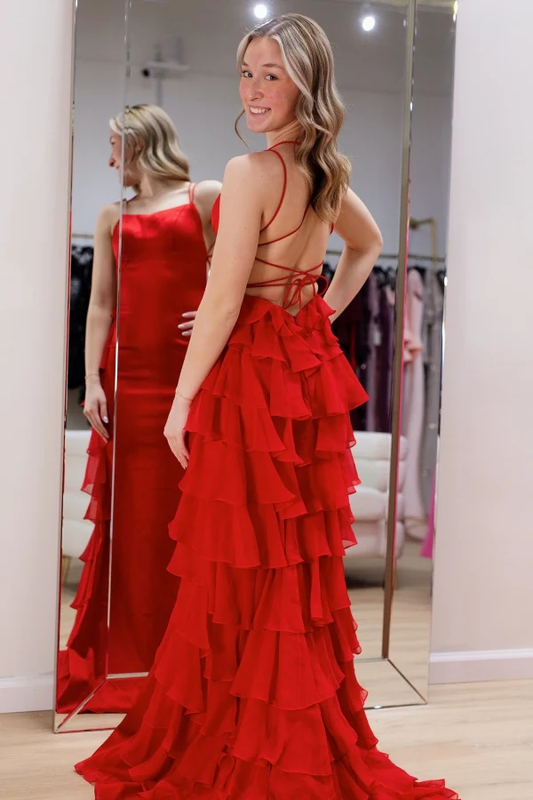 Sexy Sheath Strapless Spaghetti Straps Sleeveless Open Back Chiffon Tiered Floor Length Prom Dress Evening Formal Gown