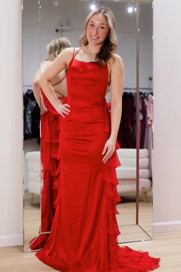 Sexy Sheath Strapless Spaghetti Straps Sleeveless Open Back Chiffon Tiered Floor Length Prom Dress Evening Formal Gown